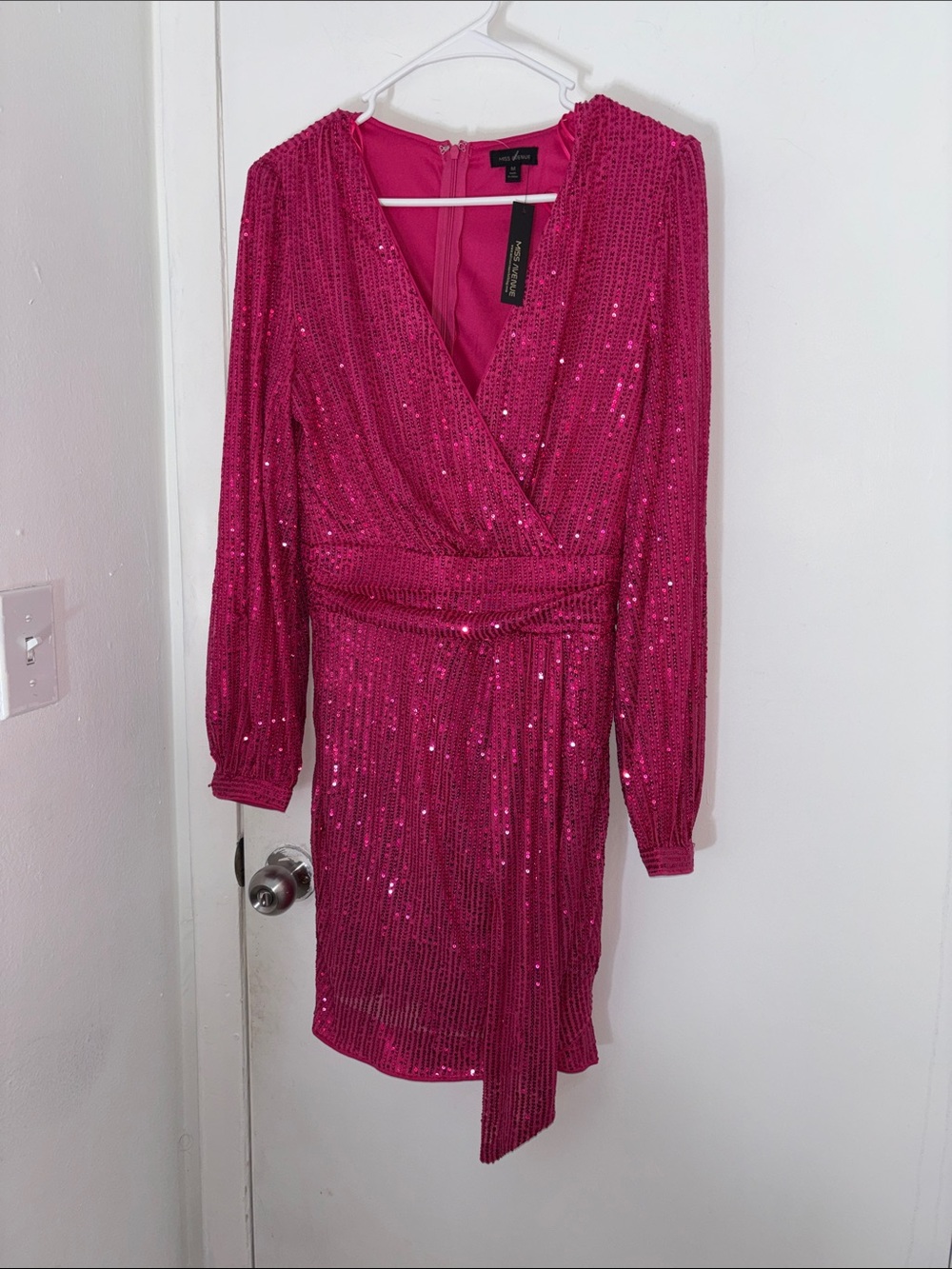 Miss Avenue Hot Pink Sequin Wrap-Style Long Sleeve Dress